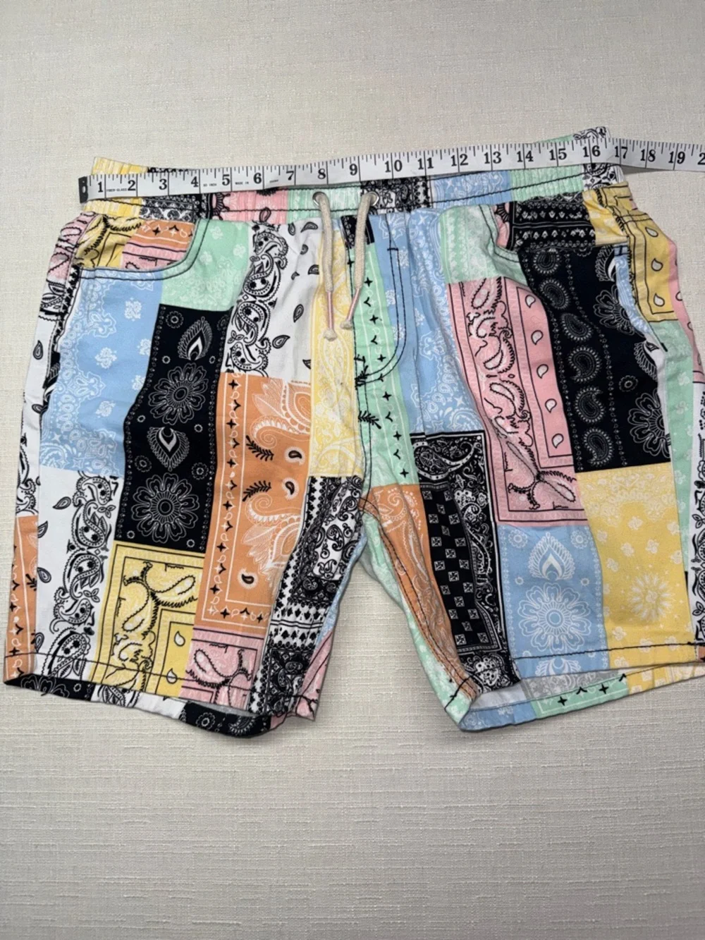 fresh Prints Stretch Twill Patchwork Bandana Drawstring Shorts
